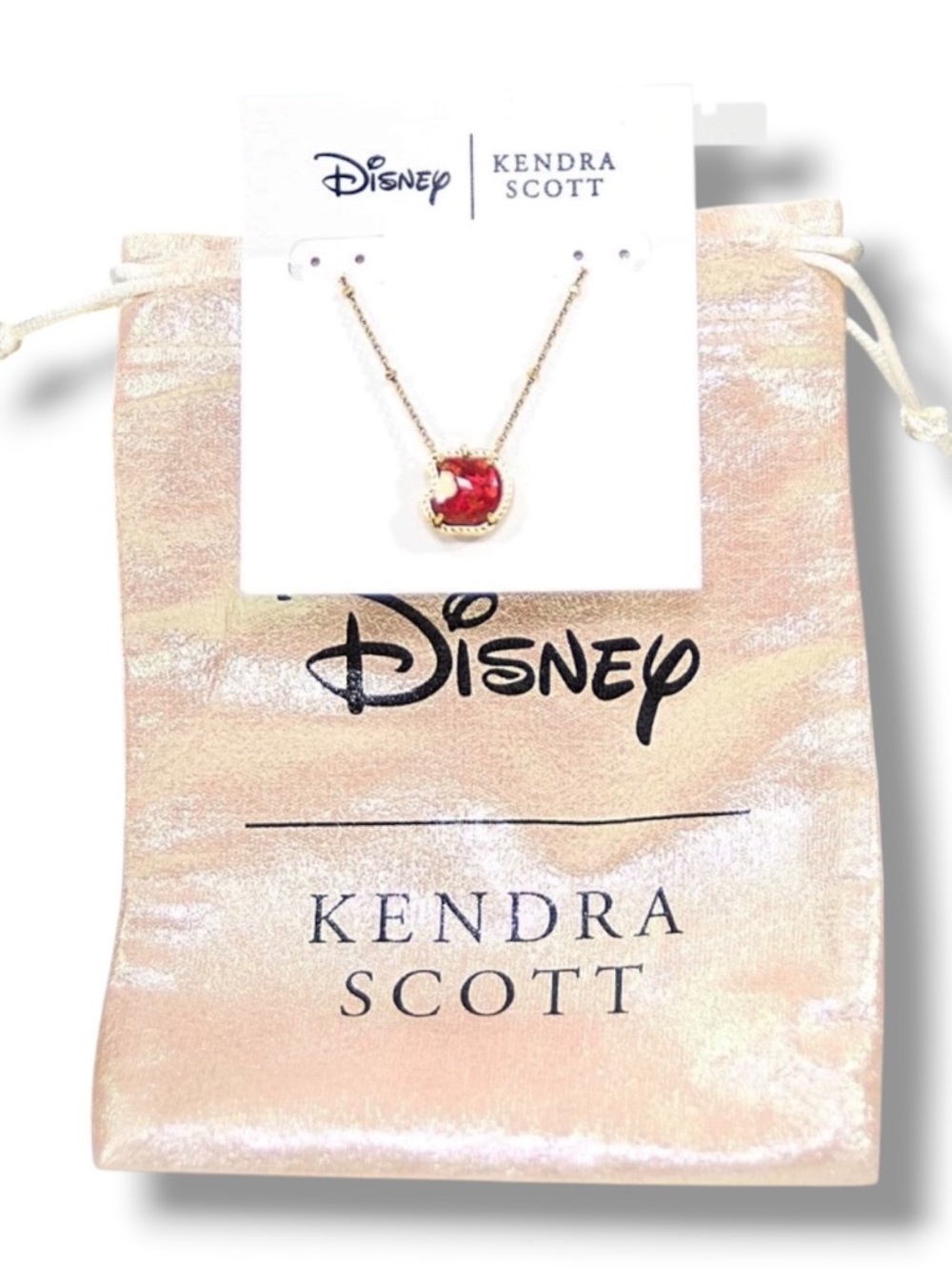Kendra Scott Disney Red Snow White Lab Opal Apple Vintage Gold Necklace NWT